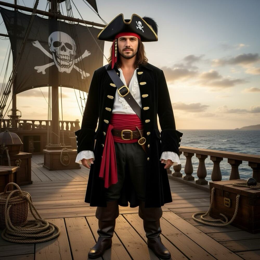 CHARADES Treasure Island Pirate Coat Velour Long Black Skulls Unisex Adult S USA